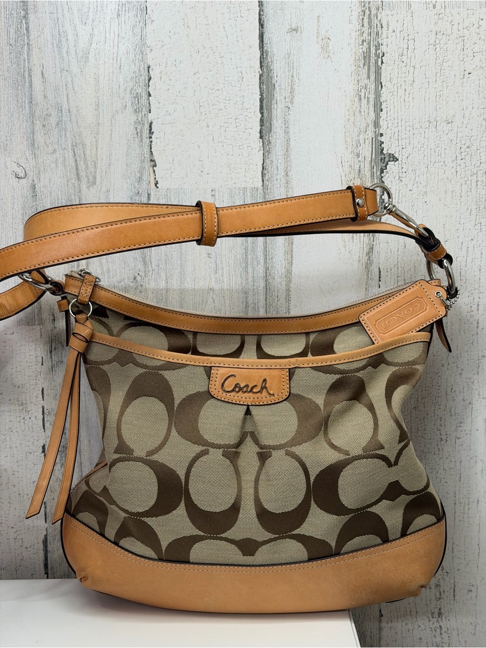 Coach Signature Monogram Canvas Hobo Shoulder Bag